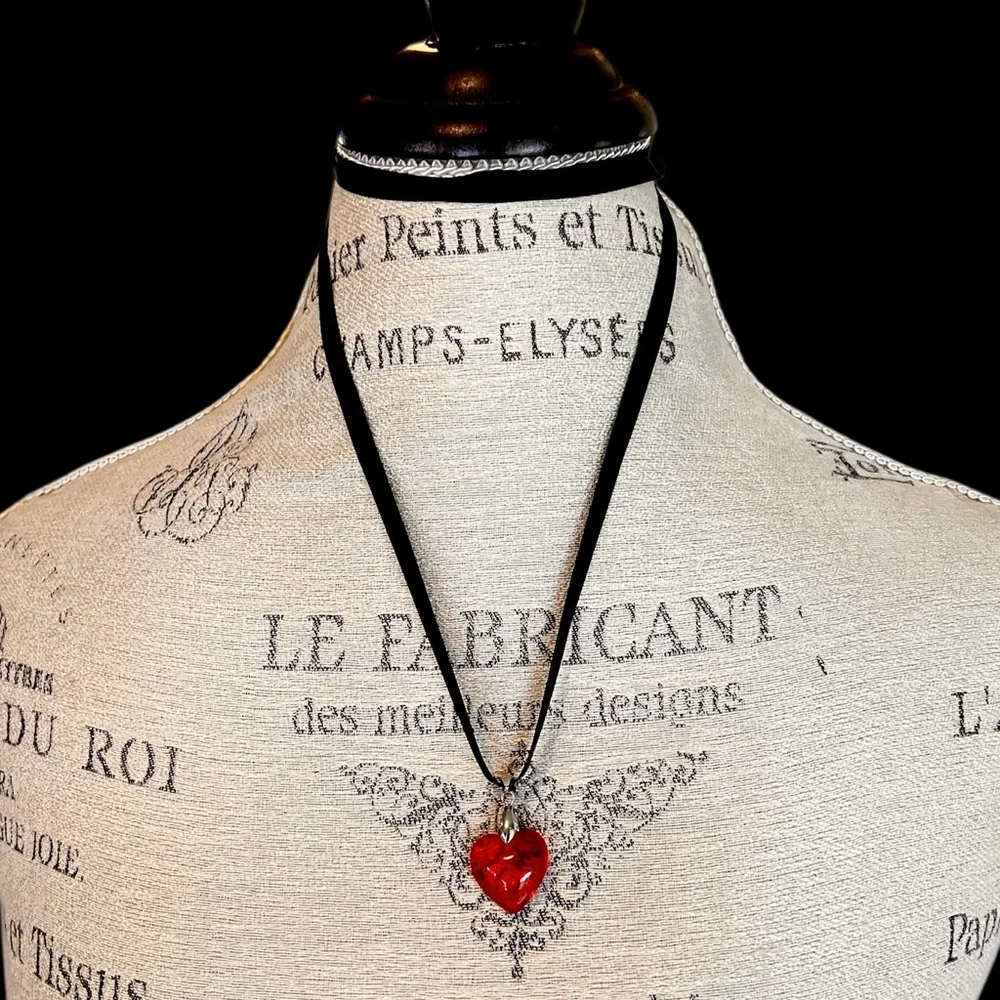 Glass Red Heart Pendant Necklace with Key and Lock Charm on Double Sided Satin